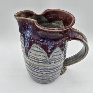 Handmade Studio Art Pottery Pitcher Mottled Drip Glaze Rustic Vintage